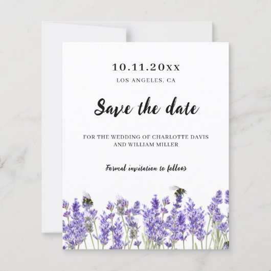 ラベンダーパープル花模様結婚式は日付カードを保存 (正面)