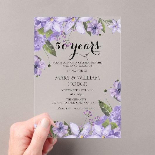 ラベンダーパープル花模様結婚50周年 アクリル招待状 (インサイチュ (ポータブル))