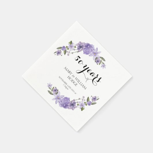 ラベンダーパープル花模様結婚50周年 スタンダードカクテルナプキン (角)