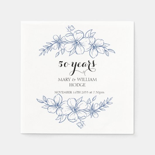 ラベンダーパープル花模様結婚50周年 スタンダードカクテルナプキン (正面)