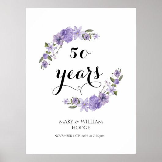 ラベンダーパープル花模様結婚50周年 ポスター (正面)