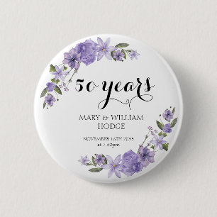 ラベンダーパープル花模様結婚50周年 缶バッジ