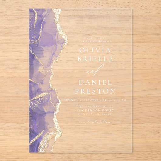ラベンダーパープル金ゴールドエレガントアゲモダンート結婚ズ アクリル招待状 (正面)