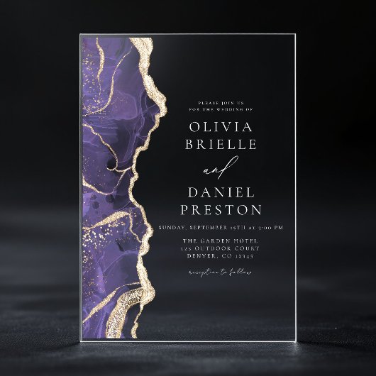 ラベンダーパープル金ゴールドエレガントアゲモダンート結婚ズ アクリル招待状