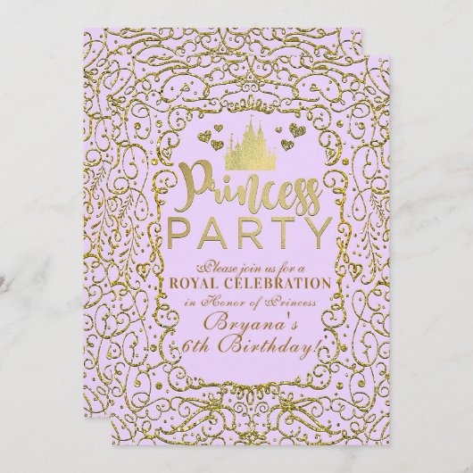 ラベンダーパープル金ゴールドキャッスル王室のプリンセスパーティー 招待状 (正面/裏面)