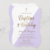 ラベンダーパープル金ゴールドクロスバプテスマ1st誕生日 招待状 (正面/裏面)