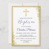 ラベンダーパープル金ゴールドグリッターガールバプテスマ 招待状 (正面)