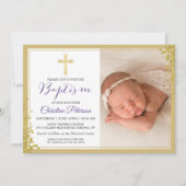 ラベンダーパープル金ゴールドグリッターバプテスマ写真 招待状 (正面)