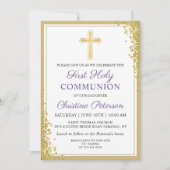 ラベンダーパープル金ゴールドグリッターファーストホーリーコミュニオン 招待状 (正面)