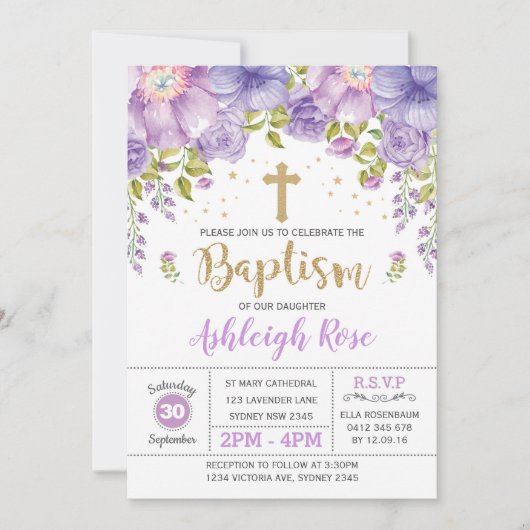 ラベンダーパープル金ゴールドフローラガールバプティスマ 招待状 (正面)