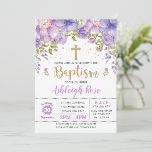ラベンダーパープル金ゴールドフローラガールバプティスマ 招待状 (スタンド正面)