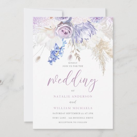 ラベンダーパープル&アイボリーホワイトフローラ結婚ズ 招待状 (正面)