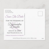 ラベンダーパープル&グレーウェディング日付を保存 シーズンポストカード (裏面)