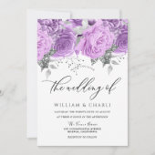 ラベンダーパープル&シルバーフローラスパークル結婚ズ 招待状 (正面)