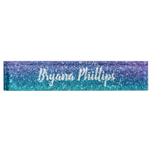 ラベンダーパープル & ティールアクアグリーン スパークリーグリッター デスクネームプレート