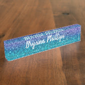 ラベンダーパープル&ティール(緑がかった色)アクアグリーンスパークリーグリッター デスクネームプレート (側面)