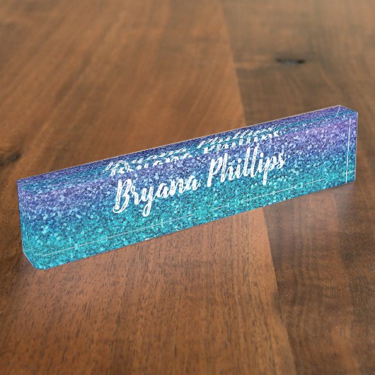 ラベンダーパープル&ティール(緑がかった色)アクアグリーンスパークリーグリッター デスクネームプレート (側面)