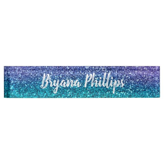 ラベンダーパープル&ティール(緑がかった色)アクアグリーンスパークリーグリッター デスクネームプレート (正面)