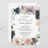 ラベンダーパープル、ネイビー、ブッシュピンクの花の結婚式 招待状 (正面/裏面)