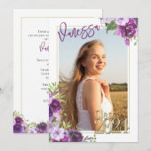 ラベンダーパープル フローラル 水彩画 卒業招待状 招待状 (正面/裏面)