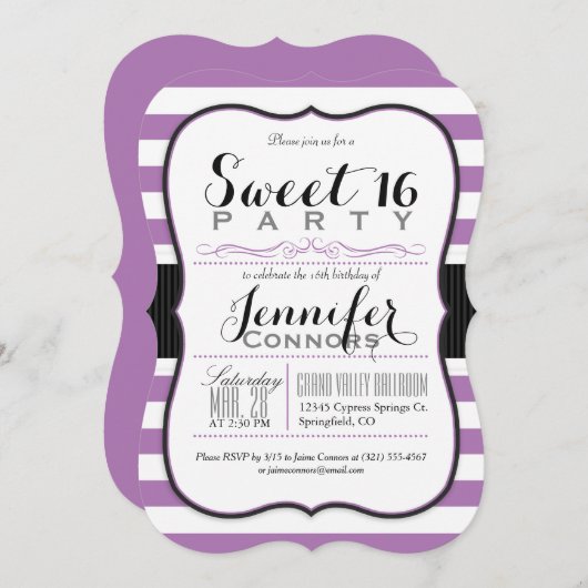 ラベンダーパープル&ホワイトストライプパーティーズスウィート16 招待状 (正面/裏面)