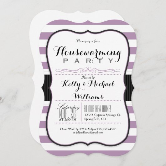ラベンダーパープル&ホワイトストライプ引っ越し祝いパーティーパーティー 招待状 (正面/裏面)