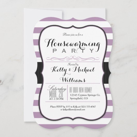 ラベンダーパープル&ホワイトストライプ引っ越し祝いパーティーパーティー 招待状 (正面)