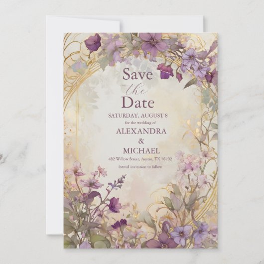 ラベンダービンテージウェディングアールヌーボーミュシャ セーブザデート (正面)