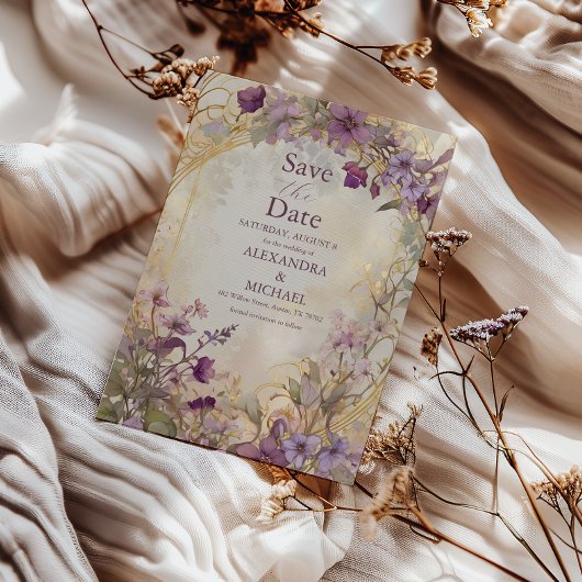 ラベンダービンテージウェディングアールヌーボーミュシャ セーブザデート