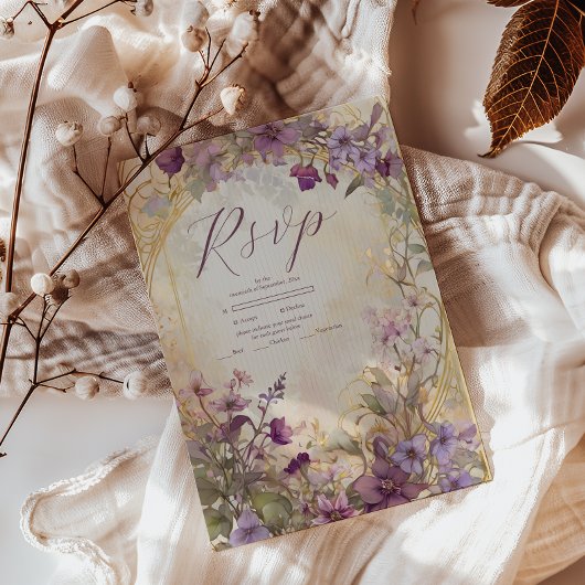 ラベンダービンテージウェディングアールヌーボーミュシャ 出欠カード