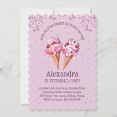 ラベンダーピンクのスパークルガールアイスクリーム1歳誕生日 招待状 (正面)