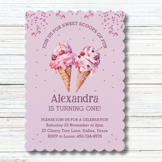ラベンダーピンクのスパークルガールアイスクリーム1歳誕生日 招待状