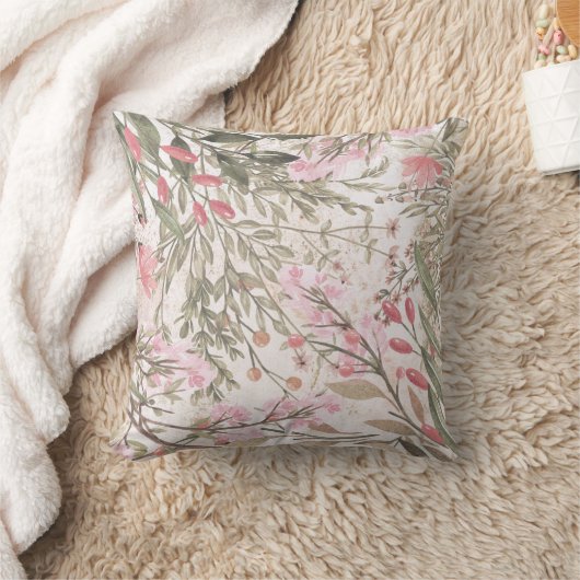 ラベンダーピンクの緑のグレーの水彩フローラスロー クッション (ブランケット)