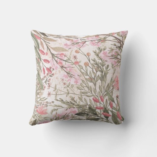 ラベンダーピンクの緑のグレーの水彩フローラスロー クッション (裏面)