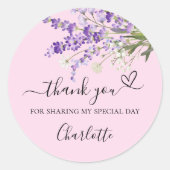 ラベンダーピンクの花のハートの感謝 ラウンドシール (正面)