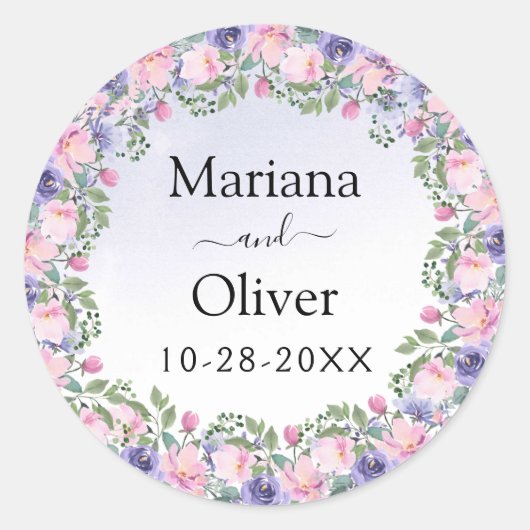 ラベンダーピンクウォーターカラー結婚フローラ ラウンドシール (正面)