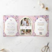 ラベンダーピンクフローラ金ゴールドアーチバタフライ結婚ズ 三つ折り招待状 (内部)