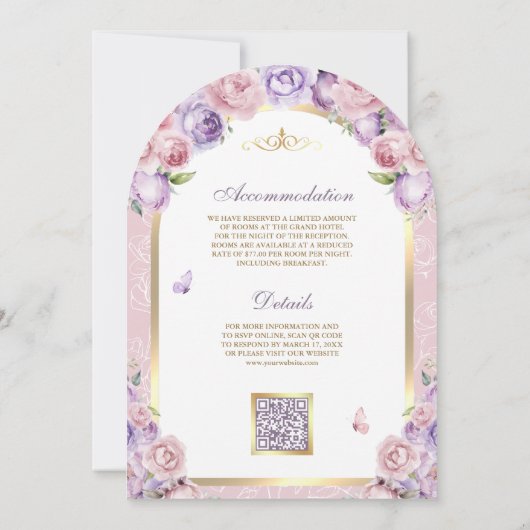 ラベンダーピンクフローラ金ゴールドアーチムスリム結婚ズ 招待状 (裏面)
