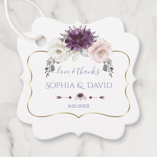 ラベンダーピンクホワイトフローラ結婚金ゴールド フェイバータグ (正面)