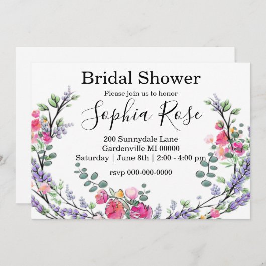 ラベンダーピンクローズブライダルシャワー 招待状 (正面/裏面)