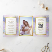 ラベンダーピンク金ゴールドアゲート大理石QRコード結婚ズ 三つ折り招待状 (内部)