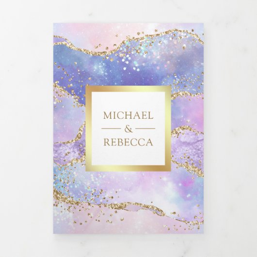 ラベンダーピンク金ゴールドアゲート大理石QRコード結婚ズ 三つ折り招待状 (カバー)