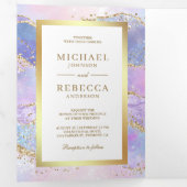 ラベンダーピンク金ゴールドアゲート大理石QRコード結婚ズ 三つ折り招待状 (内部最初)