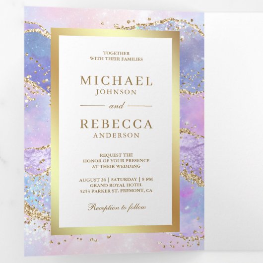 ラベンダーピンク金ゴールドアゲート大理石QRコード結婚ズ 三つ折り招待状 (内部最初)