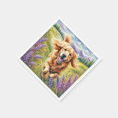 ラベンダーフィールドのハッピーゴールデンレトリバー スタンダードカクテルナプキン (角)