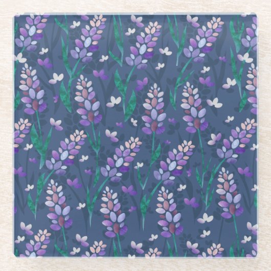ラベンダーフィールドのパターン（紫） ガラスコースター (正面)