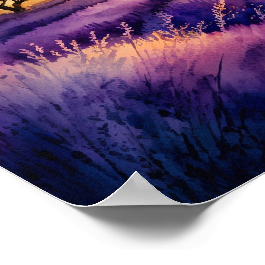 ラベンダーフィールドの水彩上の夕日 ポスター (角)