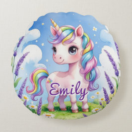 ラベンダーフィールドユニコーン編集可能な名前ラウンドピロー ラウンドクッション