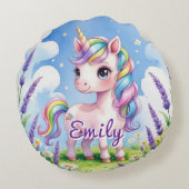 ラベンダーフィールドユニコーン編集可能な名前ラウンドピロー ラウンドクッション (裏面)