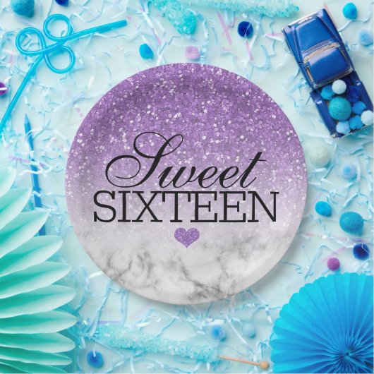 ラベンダーフェイクグリッター/マーブルスウィート16 ペーパープレート (パーティー)